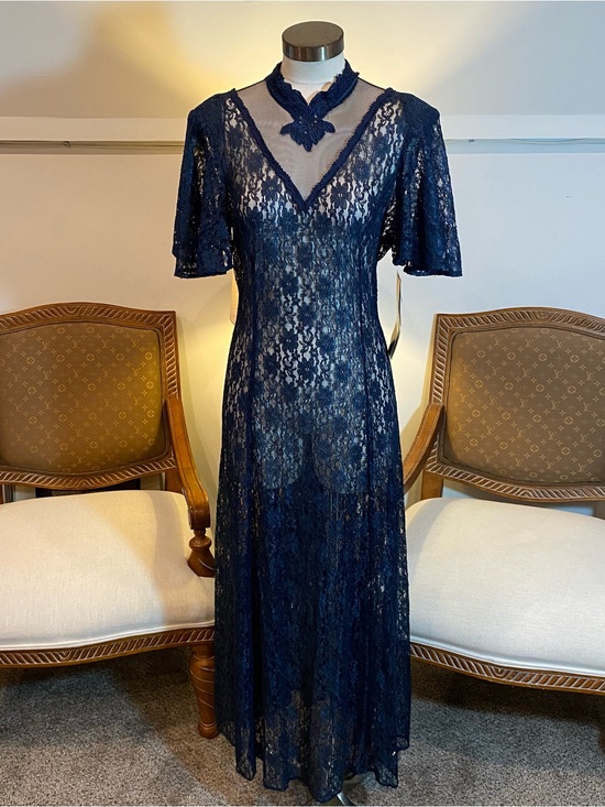 Vintage Dresses & Skirts - Vintage Elegant Navy Blue Lace Maxi Dress w Sheer Yoke by Dawn Joy NWT Deadstock